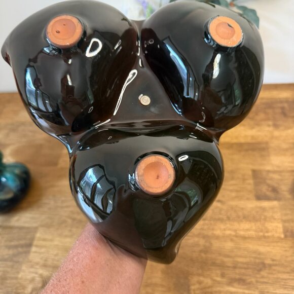 Mid Century Drip Glaze Tri-Leaf Snack Dish Retro Teal Brown Pottery Handle Tray - Picture 6 of 6